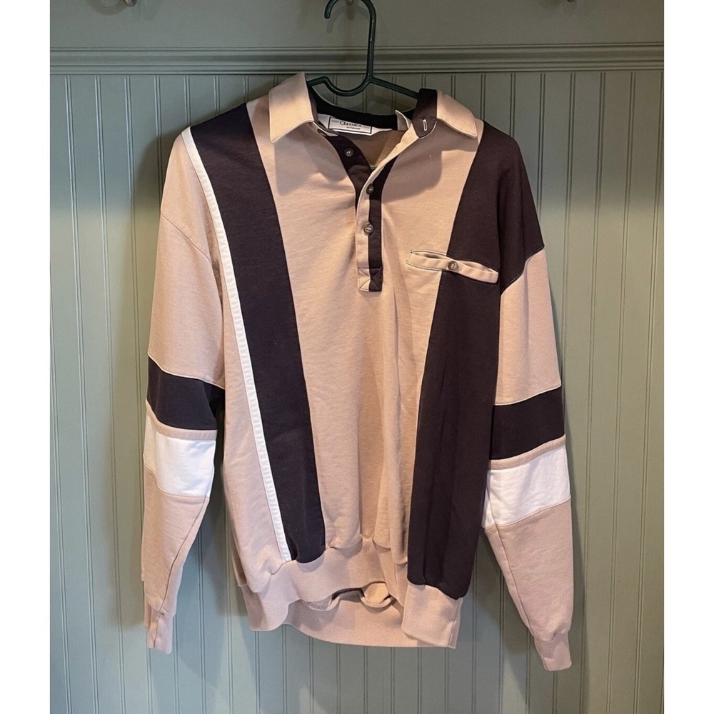 Vintage Classics By Palmland‎ Size Medium Long Sleeve Polo Sweater Tan Retro